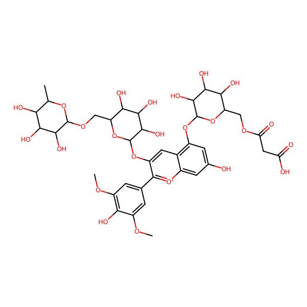 2D Structure of 3-oxo-3-[[(2S,3S,4S,5R,6S)-3,4,5-trihydroxy-6-[7-hydroxy-2-(4-hydroxy-3,5-dimethoxyphenyl)-3-[(2S,3R,4R,5S,6R)-3,4,5-trihydroxy-6-[[(2R,3S,4S,5R,6R)-3,4,5-trihydroxy-6-methyloxan-2-yl]oxymethyl]oxan-2-yl]oxychromenylium-5-yl]oxyoxan-2-yl]methoxy]propanoic acid