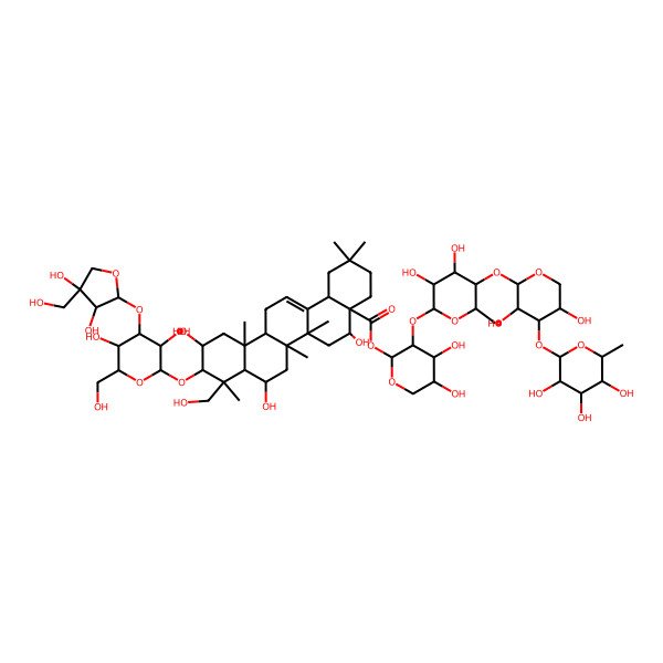2D Structure of [3-[5-[3,5-Dihydroxy-4-(3,4,5-trihydroxy-6-methyloxan-2-yl)oxyoxan-2-yl]oxy-3,4-dihydroxy-6-methyloxan-2-yl]oxy-4,5-dihydroxyoxan-2-yl] 10-[4-[3,4-dihydroxy-4-(hydroxymethyl)oxolan-2-yl]oxy-3,5-dihydroxy-6-(hydroxymethyl)oxan-2-yl]oxy-5,8,11-trihydroxy-9-(hydroxymethyl)-2,2,6a,6b,9,12a-hexamethyl-1,3,4,5,6,6a,7,8,8a,10,11,12,13,14b-tetradecahydropicene-4a-carboxylate