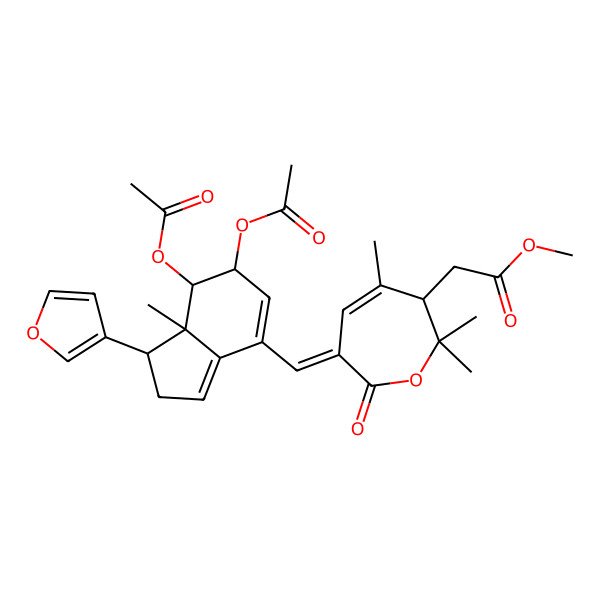 2D Structure of methyl 2-[(3R)-6-[[(1S,6R,7R,7aS)-6,7-diacetyloxy-1-(furan-3-yl)-7a-methyl-1,2,6,7-tetrahydroinden-4-yl]methylidene]-2,2,4-trimethyl-7-oxo-3H-oxepin-3-yl]acetate