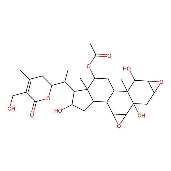 2D Structure of [5,10,17-Trihydroxy-16-[1-[5-(hydroxymethyl)-4-methyl-6-oxo-2,3-dihydropyran-2-yl]ethyl]-11,15-dimethyl-3,8-dioxahexacyclo[10.7.0.02,4.05,11.07,9.015,19]nonadecan-14-yl] acetate