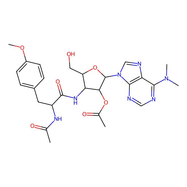 2D Structure of [4-[[(2R)-2-acetamido-3-(4-methoxyphenyl)propanoyl]amino]-2-[6-(dimethylamino)purin-9-yl]-5-(hydroxymethyl)oxolan-3-yl] acetate