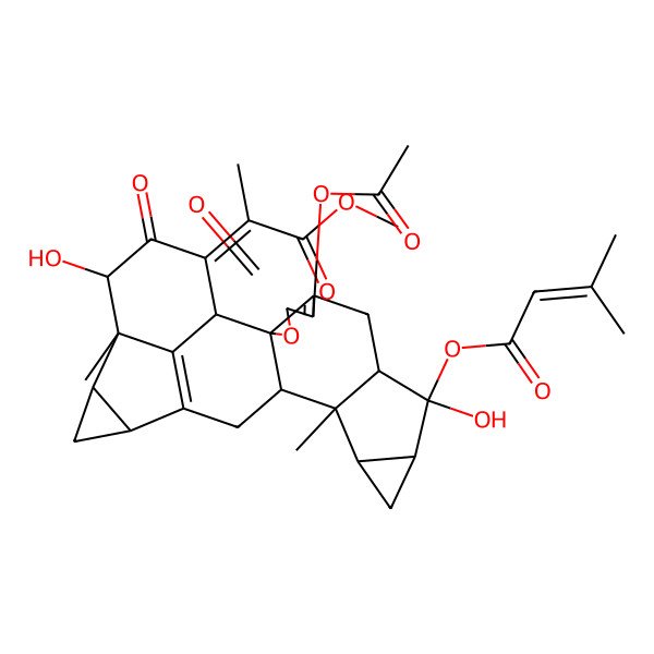 2D Structure of [(1R,2S,8R,9R,10S,12R,13R,14S,17S,19R,20S,21R,23Z)-5-acetyloxy-9,21-dihydroxy-23-(1-methoxy-1-oxopropan-2-ylidene)-13,20-dimethyl-4,22-dioxo-3-oxaoctacyclo[14.7.1.02,6.02,14.08,13.010,12.017,19.020,24]tetracosa-5,16(24)-dien-9-yl] 3-methylbut-2-enoate
