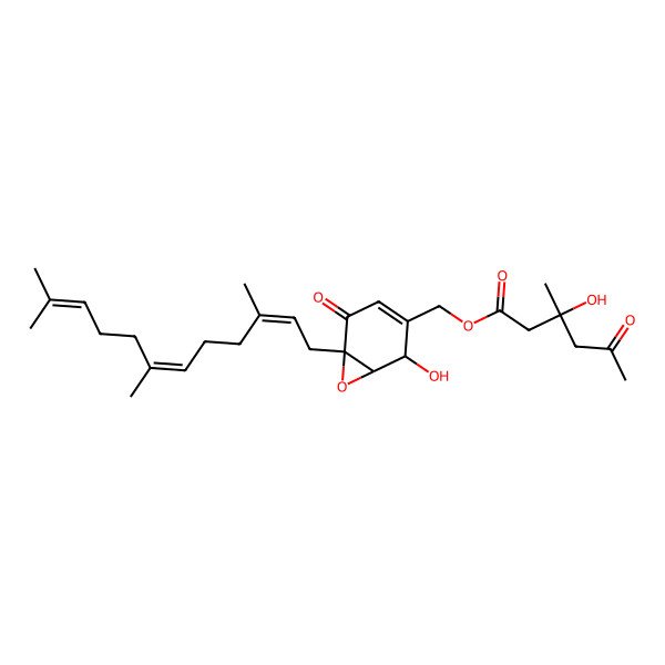 2D Structure of [(1R,2R)-2-hydroxy-5-oxo-6-[(2E,6E)-3,7,11-trimethyldodeca-2,6,10-trienyl]-7-oxabicyclo[4.1.0]hept-3-en-3-yl]methyl 3-hydroxy-3-methyl-5-oxohexanoate