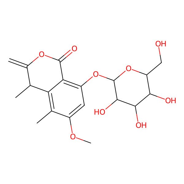 2D Structure of 6-methoxy-4,5-dimethyl-3-methylidene-8-[3,4,5-trihydroxy-6-(hydroxymethyl)oxan-2-yl]oxy-4H-isochromen-1-one