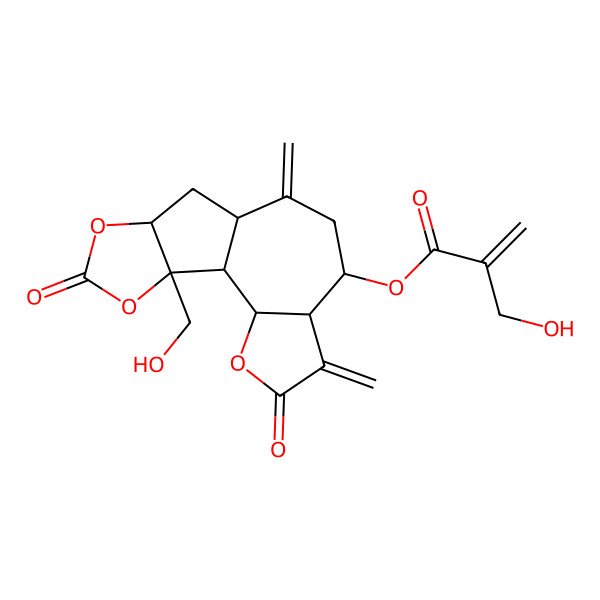 2D Structure of [16-(Hydroxymethyl)-5,9-dimethylidene-4,14-dioxo-3,13,15-trioxatetracyclo[8.6.0.02,6.012,16]hexadecan-7-yl] 2-(hydroxymethyl)prop-2-enoate