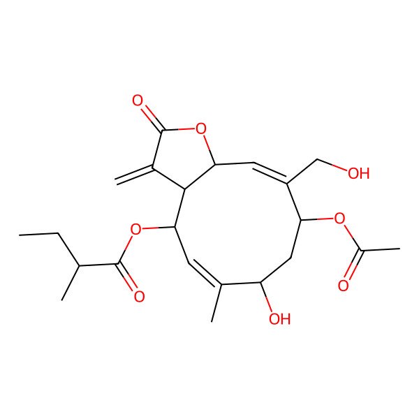 2D Structure of [(3aR,4S,5Z,7S,9S,10Z,11aS)-9-acetyloxy-7-hydroxy-10-(hydroxymethyl)-6-methyl-3-methylidene-2-oxo-3a,4,7,8,9,11a-hexahydrocyclodeca[b]furan-4-yl] (2S)-2-methylbutanoate