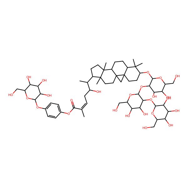 2D Structure of [4-[(2S,3R,4S,5S,6R)-3,4,5-trihydroxy-6-(hydroxymethyl)oxan-2-yl]oxyphenyl] (E,5S,6S)-6-[(1S,3R,6S,8R,11S,12S,15R,16R)-6-[(2R,3R,4S,5S,6R)-3-[(2S,3R,4S,5S,6R)-4,5-dihydroxy-6-(hydroxymethyl)-3-[(2S,3R,4S,5S,6R)-3,4,5-trihydroxy-6-(hydroxymethyl)oxan-2-yl]oxyoxan-2-yl]oxy-4,5-dihydroxy-6-(hydroxymethyl)oxan-2-yl]oxy-7,7,12,16-tetramethyl-15-pentacyclo[9.7.0.01,3.03,8.012,16]octadecanyl]-5-hydroxy-2-methylhept-2-enoate