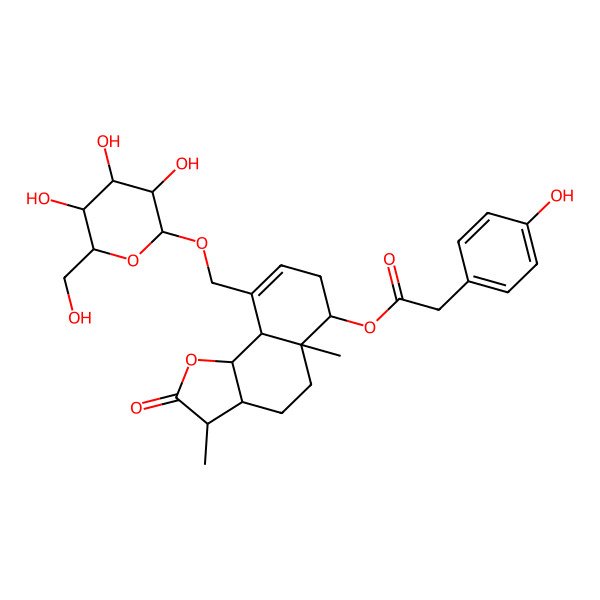 2D Structure of [3,5a-Dimethyl-2-oxo-9-[[3,4,5-trihydroxy-6-(hydroxymethyl)oxan-2-yl]oxymethyl]-3,3a,4,5,6,7,9a,9b-octahydrobenzo[g][1]benzofuran-6-yl] 2-(4-hydroxyphenyl)acetate