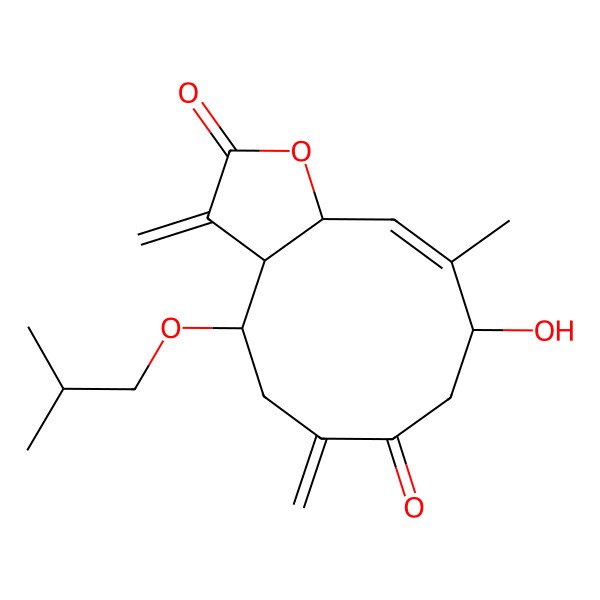 2D Structure of 9-Hydroxy-10-methyl-3,6-dimethylidene-4-(2-methylpropoxy)-3a,4,5,8,9,11a-hexahydrocyclodeca[b]furan-2,7-dione