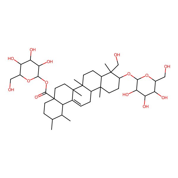 2D Structure of [(2R,3R,4S,5S,6R)-3,4,5-trihydroxy-6-(hydroxymethyl)oxan-2-yl] (1S,2R,4aS,6aR,6aS,6bR,8aR,9R,10S,12aR,14bR)-9-(hydroxymethyl)-1,2,6a,6b,9,12a-hexamethyl-10-[(2R,3R,4S,5S,6R)-3,4,5-trihydroxy-6-(hydroxymethyl)oxan-2-yl]oxy-2,3,4,5,6,6a,7,8,8a,10,11,12,13,14b-tetradecahydro-1H-picene-4a-carboxylate