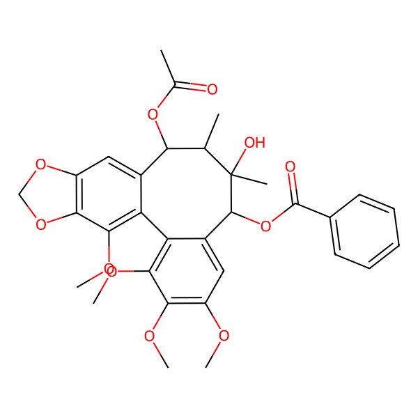 2D Structure of [(9S)-11-acetyloxy-9-hydroxy-3,4,5,19-tetramethoxy-9,10-dimethyl-15,17-dioxatetracyclo[10.7.0.02,7.014,18]nonadeca-1(19),2,4,6,12,14(18)-hexaen-8-yl] benzoate