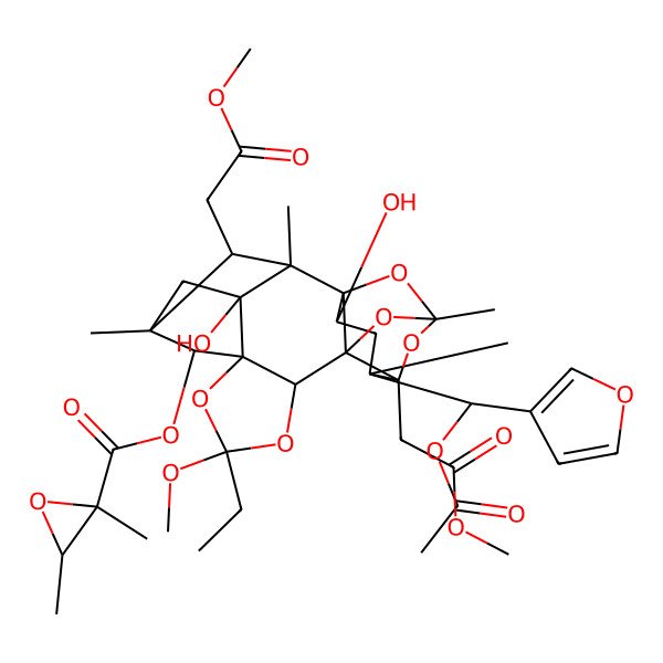 2D Structure of [(1R,2R,3R,5R,6S,7S,9R,11R,12S,14R,16S,17S,19R,21S)-17-[(S)-acetyloxy(furan-3-yl)methyl]-9-ethyl-3,19-dihydroxy-9-methoxy-16,21-bis(2-methoxy-2-oxoethyl)-2,5,14,17-tetramethyl-8,10,13,15,20-pentaoxaheptacyclo[12.5.1.12,5.01,12.03,7.07,11.012,16]henicosan-6-yl] (2S,3R)-2,3-dimethyloxirane-2-carboxylate