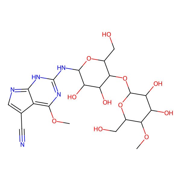 2D Structure of 2-[[(2R,3R,4R,5S,6R)-5-[(2S,3R,4R,5S,6R)-3,4-dihydroxy-6-(hydroxymethyl)-5-methoxyoxan-2-yl]oxy-3,4-dihydroxy-6-(hydroxymethyl)oxan-2-yl]amino]-4-methoxy-1H-pyrrolo[2,3-d]pyrimidine-5-carbonitrile