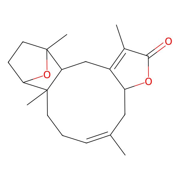 2D Structure of (1S,2R,8R,10Z,14R,15R)-1,5,10,14-tetramethyl-7,18-dioxatetracyclo[13.2.1.02,14.04,8]octadeca-4,10-dien-6-one