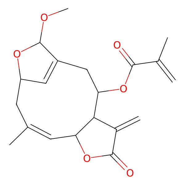 2D Structure of [(3S,4R,8R,9E,12R,14S)-14-methoxy-10-methyl-5-methylidene-6-oxo-7,13-dioxatricyclo[10.2.1.04,8]pentadeca-1(15),9-dien-3-yl] 2-methylprop-2-enoate