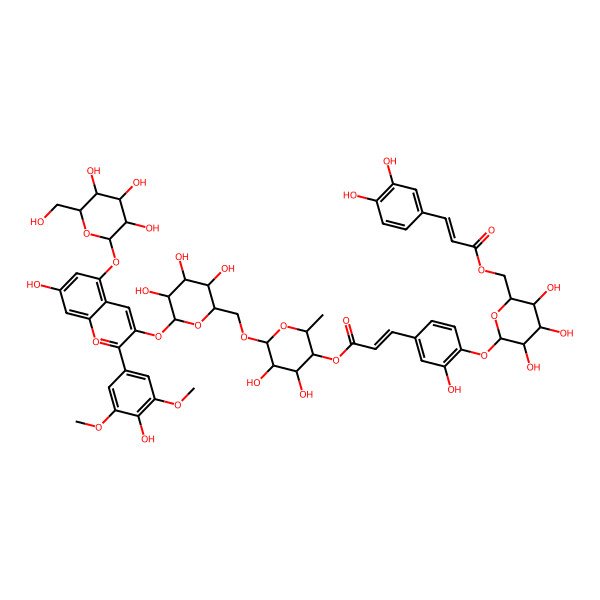2D Structure of [(2S,3S,4S,5R,6S)-6-[4-[(E)-3-[(2S,3R,4R,5S,6R)-4,5-dihydroxy-2-methyl-6-[[(2R,3S,4R,5S,6S)-3,4,5-trihydroxy-6-[7-hydroxy-2-(4-hydroxy-3,5-dimethoxyphenyl)-5-[(2S,3R,4S,5S,6R)-3,4,5-trihydroxy-6-(hydroxymethyl)oxan-2-yl]oxychromenylium-3-yl]oxyoxan-2-yl]methoxy]oxan-3-yl]oxy-3-oxoprop-1-enyl]-2-hydroxyphenoxy]-3,4,5-trihydroxyoxan-2-yl]methyl 3-(3,4-dihydroxyphenyl)prop-2-enoate