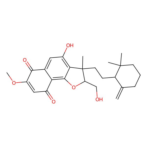 2D Structure of 3-[2-(2,2-dimethyl-6-methylidenecyclohexyl)ethyl]-4-hydroxy-2-(hydroxymethyl)-7-methoxy-3-methyl-2H-benzo[g][1]benzofuran-6,9-dione