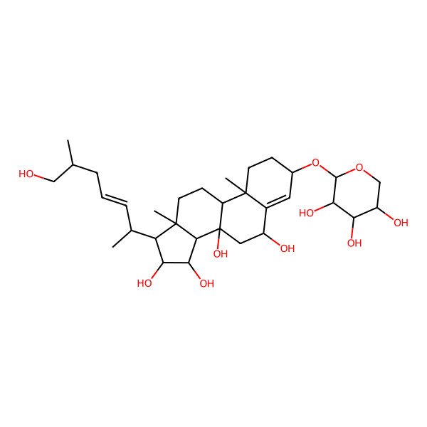 2D Structure of (3S,6R,8S,9R,10R,13R,14S,15R,16R,17R)-17-[(E,2R,6S)-7-hydroxy-6-methylhept-3-en-2-yl]-10,13-dimethyl-3-[(2S,3R,4S,5R)-3,4,5-trihydroxyoxan-2-yl]oxy-1,2,3,6,7,9,11,12,14,15,16,17-dodecahydrocyclopenta[a]phenanthrene-6,8,15,16-tetrol