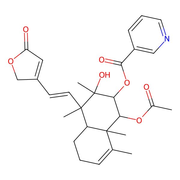 2D Structure of [1-acetyloxy-3-hydroxy-3,4,8,8a-tetramethyl-4-[2-(5-oxo-2H-furan-3-yl)ethenyl]-2,4a,5,6-tetrahydro-1H-naphthalen-2-yl] pyridine-3-carboxylate