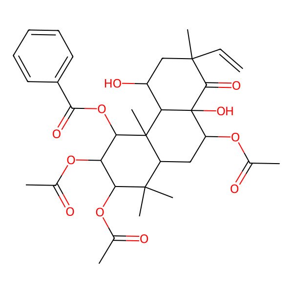 2D Structure of (2,3,9-triacetyloxy-7-ethenyl-5,8a-dihydroxy-1,1,4a,7-tetramethyl-8-oxo-3,4,4b,5,6,9,10,10a-octahydro-2H-phenanthren-4-yl) benzoate