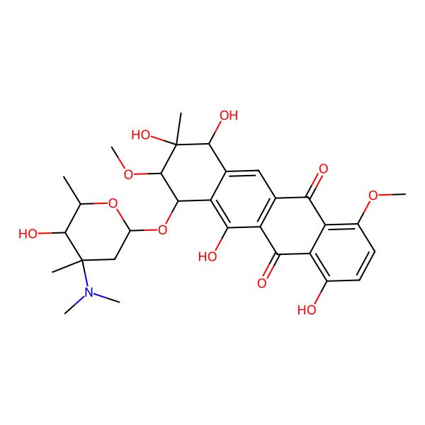 2D Structure of (7S,8R,9R,10R)-7-[(2S,4S,5R,6R)-4-(dimethylamino)-5-hydroxy-4,6-dimethyloxan-2-yl]oxy-4,6,9,10-tetrahydroxy-1,8-dimethoxy-9-methyl-8,10-dihydro-7H-tetracene-5,12-dione