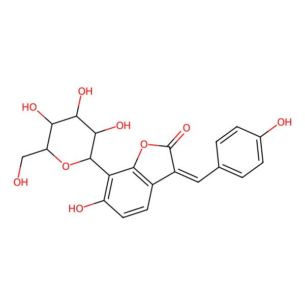 2D Structure of 6-Hydroxy-3-[(4-hydroxyphenyl)methylidene]-7-[3,4,5-trihydroxy-6-(hydroxymethyl)oxan-2-yl]-1-benzofuran-2-one
