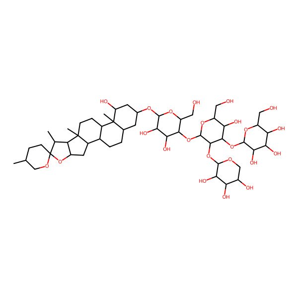 2D Structure of 2-[2-[4,5-Dihydroxy-2-(hydroxymethyl)-6-(14-hydroxy-5',7,9,13-tetramethylspiro[5-oxapentacyclo[10.8.0.02,9.04,8.013,18]icosane-6,2'-oxane]-16-yl)oxyoxan-3-yl]oxy-5-hydroxy-6-(hydroxymethyl)-3-(3,4,5-trihydroxyoxan-2-yl)oxyoxan-4-yl]oxy-6-(hydroxymethyl)oxane-3,4,5-triol