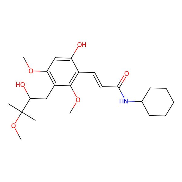 2D Structure of (E)-N-cyclohexyl-3-[6-hydroxy-3-(2-hydroxy-3-methoxy-3-methylbutyl)-2,4-dimethoxyphenyl]prop-2-enamide