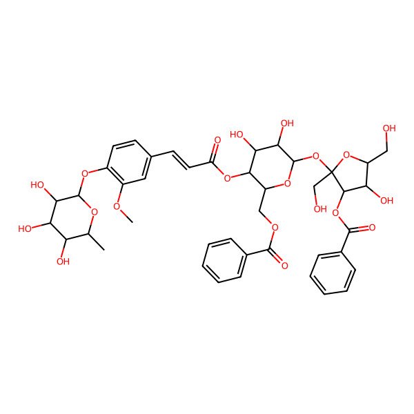 2D Structure of [6-[3-Benzoyloxy-4-hydroxy-2,5-bis(hydroxymethyl)oxolan-2-yl]oxy-4,5-dihydroxy-3-[3-[3-methoxy-4-(3,4,5-trihydroxy-6-methyloxan-2-yl)oxyphenyl]prop-2-enoyloxy]oxan-2-yl]methyl benzoate