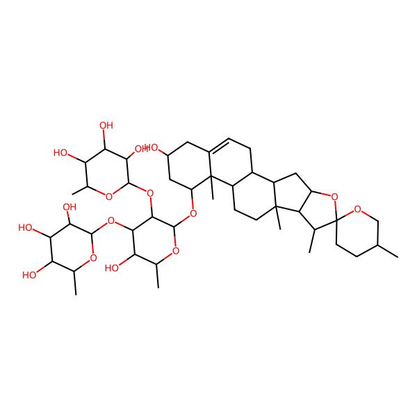 2D Structure of (2S,3R,4S,5S,6R)-2-[(2R,3R,4S,5S,6R)-5-hydroxy-2-[(14R,16R)-16-hydroxy-5',7,9,13-tetramethylspiro[5-oxapentacyclo[10.8.0.02,9.04,8.013,18]icos-18-ene-6,2'-oxane]-14-yl]oxy-6-methyl-3-[(2S,3R,4R,5R,6S)-3,4,5-trihydroxy-6-methyloxan-2-yl]oxyoxan-4-yl]oxy-6-methyloxane-3,4,5-triol