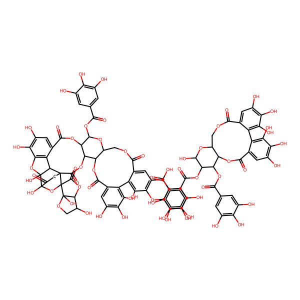 2D Structure of 2-[17'-[6-[[3,4,5,13,21,22,23-heptahydroxy-8,18-dioxo-11-(3,4,5-trihydroxybenzoyl)oxy-9,14,17-trioxatetracyclo[17.4.0.02,7.010,15]tricosa-1(23),2,4,6,19,21-hexaen-12-yl]oxycarbonyl]-2,3,4-trihydroxyphenoxy]-3,6a,10',11',12',15',31',32',36',37'-decahydroxy-2',5,7',20',28',41'-hexaoxo-25'-(3,4,5-trihydroxybenzoyl)oxyspiro[3,3a-dihydro-2H-furo[3,2-b]furan-6,39'-3,6,21,24,27,38,42-heptaoxanonacyclo[35.2.2.133,36.01,35.04,26.05,23.08,13.014,19.029,34]dotetraconta-8,10,12,14,16,18,29,31,33-nonaene]-16'-yl]oxy-3,4,5-trihydroxybenzoic acid