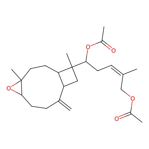 2D Structure of [5-Acetyloxy-5-(4,12-dimethyl-9-methylidene-5-oxatricyclo[8.2.0.04,6]dodecan-12-yl)-2-methylpent-2-enyl] acetate