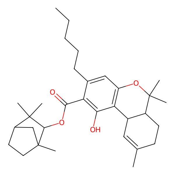 2D Structure of (1,3,3-Trimethyl-2-bicyclo[2.2.1]heptanyl) 1-hydroxy-6,6,9-trimethyl-3-pentyl-6a,7,8,10a-tetrahydrobenzo[c]chromene-2-carboxylate
