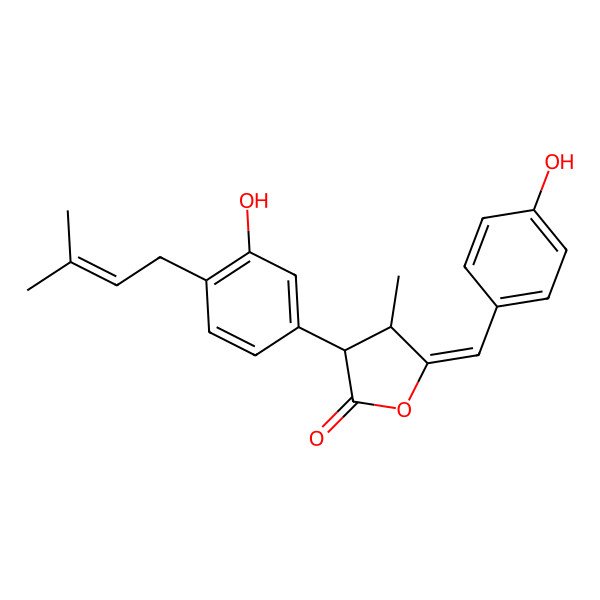 2D Structure of (5Z)-3-[3-hydroxy-4-(3-methylbut-2-enyl)phenyl]-5-[(4-hydroxyphenyl)methylene]-4-methyl-tetrahydrofuran-2-one
