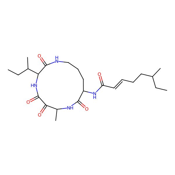 2D Structure of (E,6R)-N-[(3S,7S,10S)-3-[(2S)-butan-2-yl]-7-methyl-2,5,6,9-tetraoxo-1,4,8-triazacyclotridec-10-yl]-6-methyloct-2-enamide