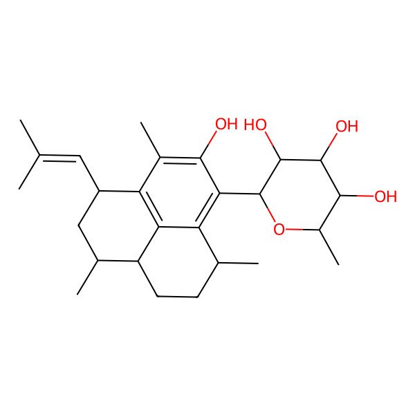 2D Structure of (2R,3S,4S,5S,6R)-2-[(4S,6R,6aS,9R)-2-hydroxy-3,6,9-trimethyl-4-(2-methylprop-1-enyl)-5,6,6a,7,8,9-hexahydro-4H-phenalen-1-yl]-6-methyloxane-3,4,5-triol