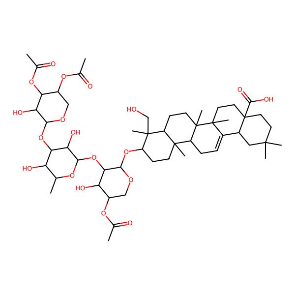 2D Structure of 10-[5-Acetyloxy-3-[4-(4,5-diacetyloxy-3-hydroxyoxan-2-yl)oxy-3,5-dihydroxy-6-methyloxan-2-yl]oxy-4-hydroxyoxan-2-yl]oxy-9-(hydroxymethyl)-2,2,6a,6b,9,12a-hexamethyl-1,3,4,5,6,6a,7,8,8a,10,11,12,13,14b-tetradecahydropicene-4a-carboxylic acid