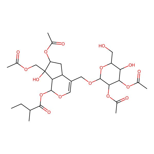 2D Structure of [(1S,4aS,6S,7R,7aS)-6-acetyloxy-7-(acetyloxymethyl)-4-[[(2R,3R,4S,5R,6R)-3,4-diacetyloxy-5-hydroxy-6-(hydroxymethyl)oxan-2-yl]oxymethyl]-7-hydroxy-4a,5,6,7a-tetrahydro-1H-cyclopenta[c]pyran-1-yl] (2R)-2-methylbutanoate