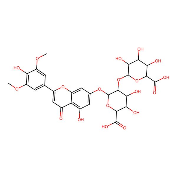 2D Structure of 5-Hydroxy-2-(4-hydroxy-3,5-dimethoxyphenyl)-4-oxo-4H-1-benzopyran-7-yl 2-O-beta-D-glucopyranuronosyl-beta-D-glucopyranosiduronic acid