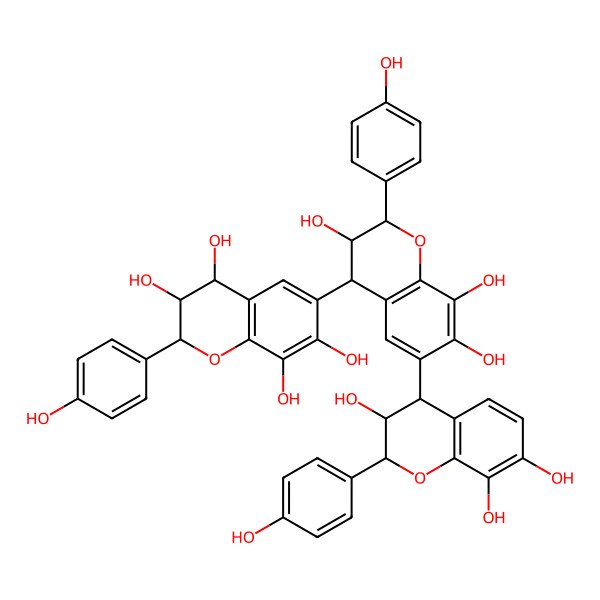 2D Structure of 2-(4-hydroxyphenyl)-6-[3,7,8-trihydroxy-2-(4-hydroxyphenyl)-6-[3,7,8-trihydroxy-2-(4-hydroxyphenyl)-3,4-dihydro-2H-chromen-4-yl]-3,4-dihydro-2H-chromen-4-yl]-3,4-dihydro-2H-chromene-3,4,7,8-tetrol