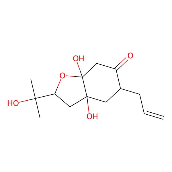 2D Structure of (2R,3aR,5S,7aS)-3a,7a-dihydroxy-2-(2-hydroxypropan-2-yl)-5-prop-2-enyl-3,4,5,7-tetrahydro-2H-1-benzofuran-6-one 2D Structure of (2R,3aR,5S,7aS)-3a,7a-dihydroxy-2-(2-hydroxypropan-2-yl)-5-prop-2-enyl-3,4,5,7-tetrahydro-2H-1-benzofuran-6-one