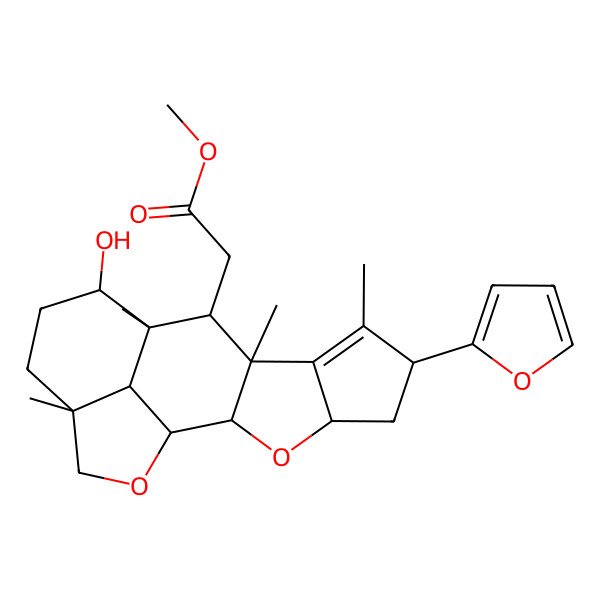 2D Structure of methyl 2-[(1R,2S,4R,6R,9R,10R,11R,12S,15R,18S)-6-(furan-2-yl)-12-hydroxy-7,9,11,15-tetramethyl-3,17-dioxapentacyclo[9.6.1.02,9.04,8.015,18]octadec-7-en-10-yl]acetate