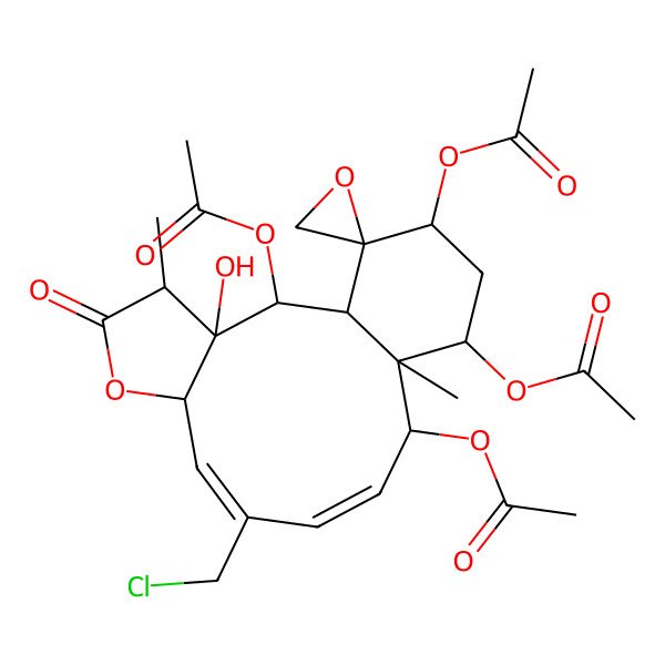 2D Structure of [(1S,2S,3S,4R,7S,8E,10Z,12S,13R,14S,16R,17R)-2,12,16-triacetyloxy-9-(chloromethyl)-3-hydroxy-4,13-dimethyl-5-oxospiro[6-oxatricyclo[11.4.0.03,7]heptadeca-8,10-diene-17,2'-oxirane]-14-yl] acetate