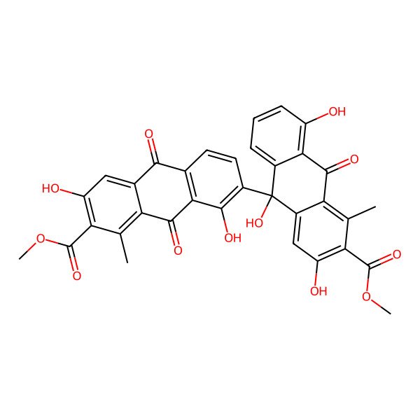 2D Structure of methyl 3,8-dihydroxy-1-methyl-9,10-dioxo-7-[(9R)-2,5,9-trihydroxy-3-methoxycarbonyl-4-methyl-10-oxoanthracen-9-yl]anthracene-2-carboxylate