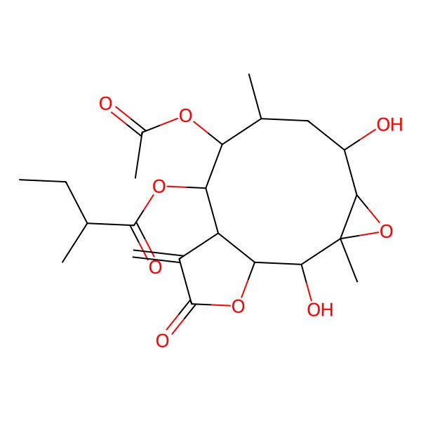 2D Structure of (9-Acetyloxy-2,6-dihydroxy-3,8-dimethyl-12-methylidene-13-oxo-4,14-dioxatricyclo[9.3.0.03,5]tetradecan-10-yl) 2-methylbutanoate
