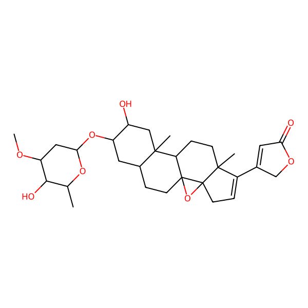 2D Structure of 3-[(1S,3R,7R,10S,11S,13R,14R,16R)-13-hydroxy-14-[(2S,4R,5S,6R)-5-hydroxy-4-methoxy-6-methyloxan-2-yl]oxy-7,11-dimethyl-2-oxapentacyclo[8.8.0.01,3.03,7.011,16]octadec-5-en-6-yl]-2H-furan-5-one