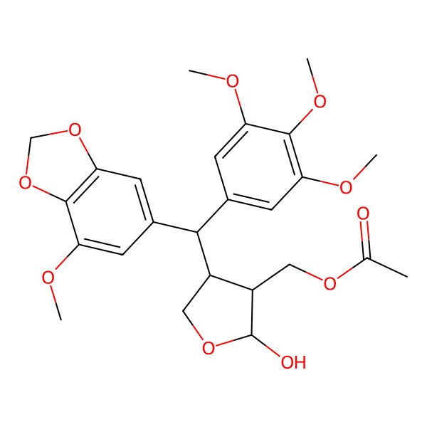 2D Structure of [2-Hydroxy-4-[(7-methoxy-1,3-benzodioxol-5-yl)-(3,4,5-trimethoxyphenyl)methyl]oxolan-3-yl]methyl acetate