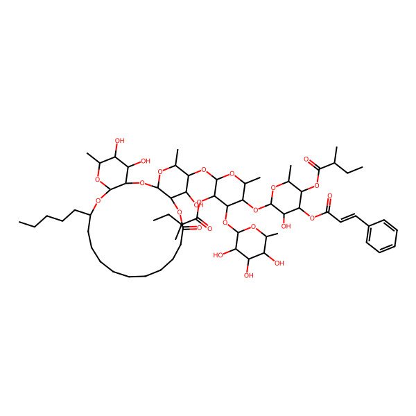 2D Structure of [(2S,3S,4S,5R,6S)-5-hydroxy-2-methyl-6-[(2S,3S,4R,5R,6S)-2-methyl-5-[(2S)-2-methylbutanoyl]oxy-6-[[(1R,3S,5S,6R,7R,8R,20S,22R,24R,25R,26S)-7,25,26-trihydroxy-5,24-dimethyl-10-oxo-20-pentyl-2,4,9,21,23-pentaoxatricyclo[20.4.0.03,8]hexacosan-6-yl]oxy]-4-[(2S,3R,4R,5R,6S)-3,4,5-trihydroxy-6-methyloxan-2-yl]oxyoxan-3-yl]oxy-4-[(E)-3-phenylprop-2-enoyl]oxyoxan-3-yl] (2S)-2-methylbutanoate