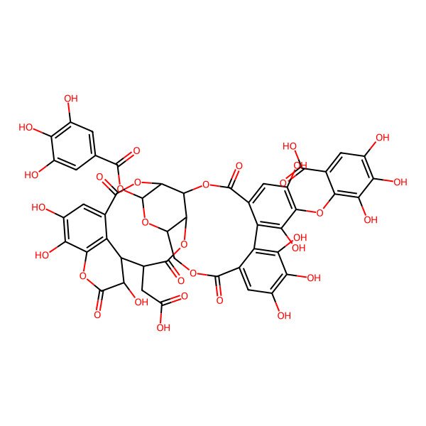 2D Structure of 2-[[(4R,5S,7R,25S,26R,29S,30S,31S)-29-(carboxymethyl)-13,14,15,18,20,31,35,36-octahydroxy-2,10,23,28,32-pentaoxo-5-(3,4,5-trihydroxybenzoyl)oxy-3,6,9,24,27,33-hexaoxaheptacyclo[28.7.1.04,25.07,26.011,16.017,22.034,38]octatriaconta-1(37),11,13,15,17,19,21,34(38),35-nonaen-19-yl]oxy]-3,4,5-trihydroxybenzoic acid