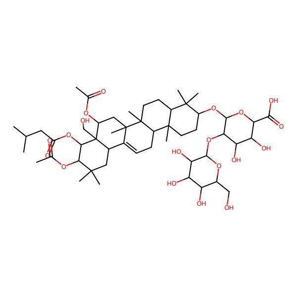 2D Structure of 6-[[8,10-Diacetyloxy-8a-(hydroxymethyl)-4,4,6a,6b,11,11,14b-heptamethyl-9-(3-methylbutanoyloxy)-1,2,3,4a,5,6,7,8,9,10,12,12a,14,14a-tetradecahydropicen-3-yl]oxy]-3,4-dihydroxy-5-[3,4,5-trihydroxy-6-(hydroxymethyl)oxan-2-yl]oxyoxane-2-carboxylic acid